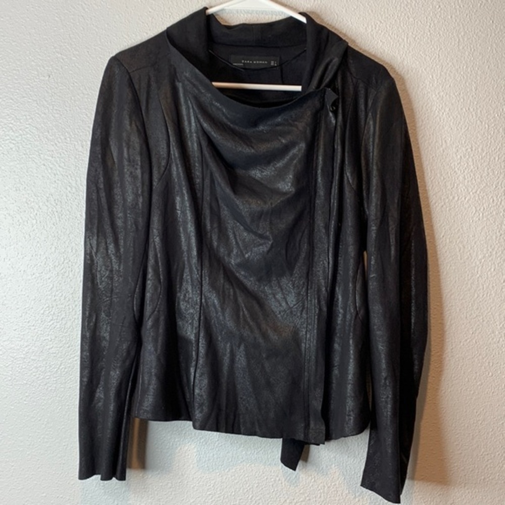 Zara Black Coated Zip Up Drape Jacket Size Large